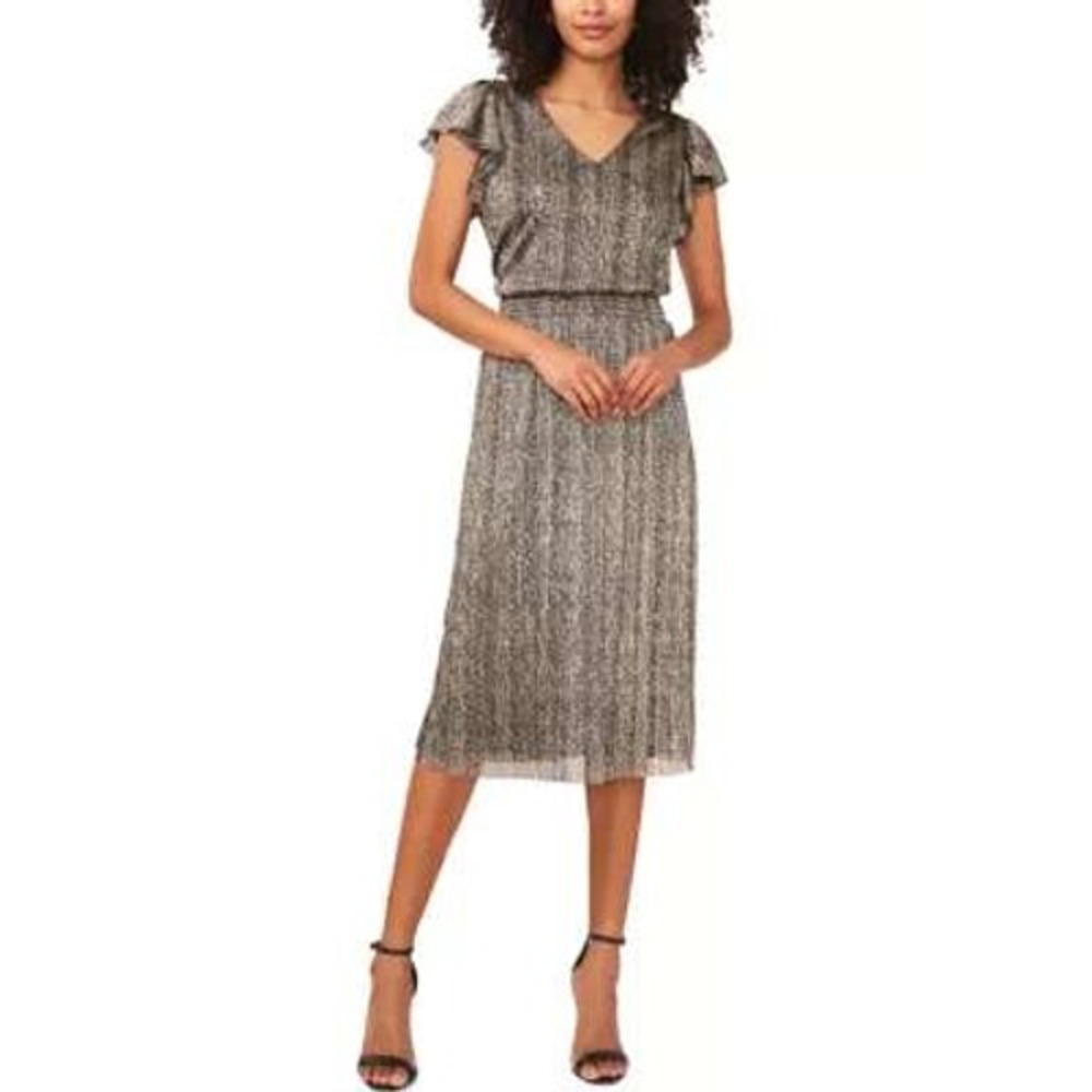 NWT $119 Vince Camuto Metallic Flutter Sleeve V Neck Smocked Midi Dress